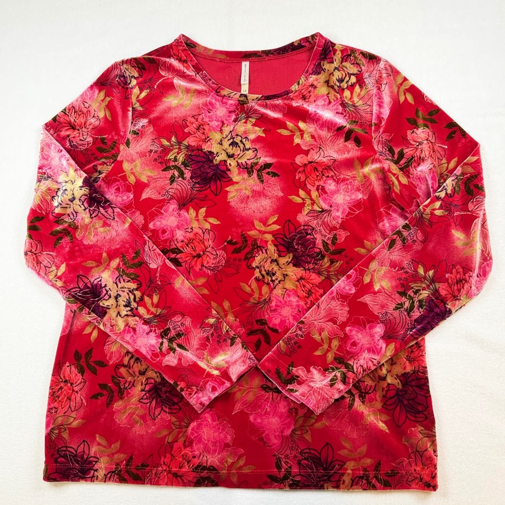 White Stag Womens Red Floral Velvet Long Sleeve Top Crew Neck Size L